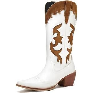 Women White Patchwork Cowboy Boots Wide Calf Western Cowgirl Mid Calf